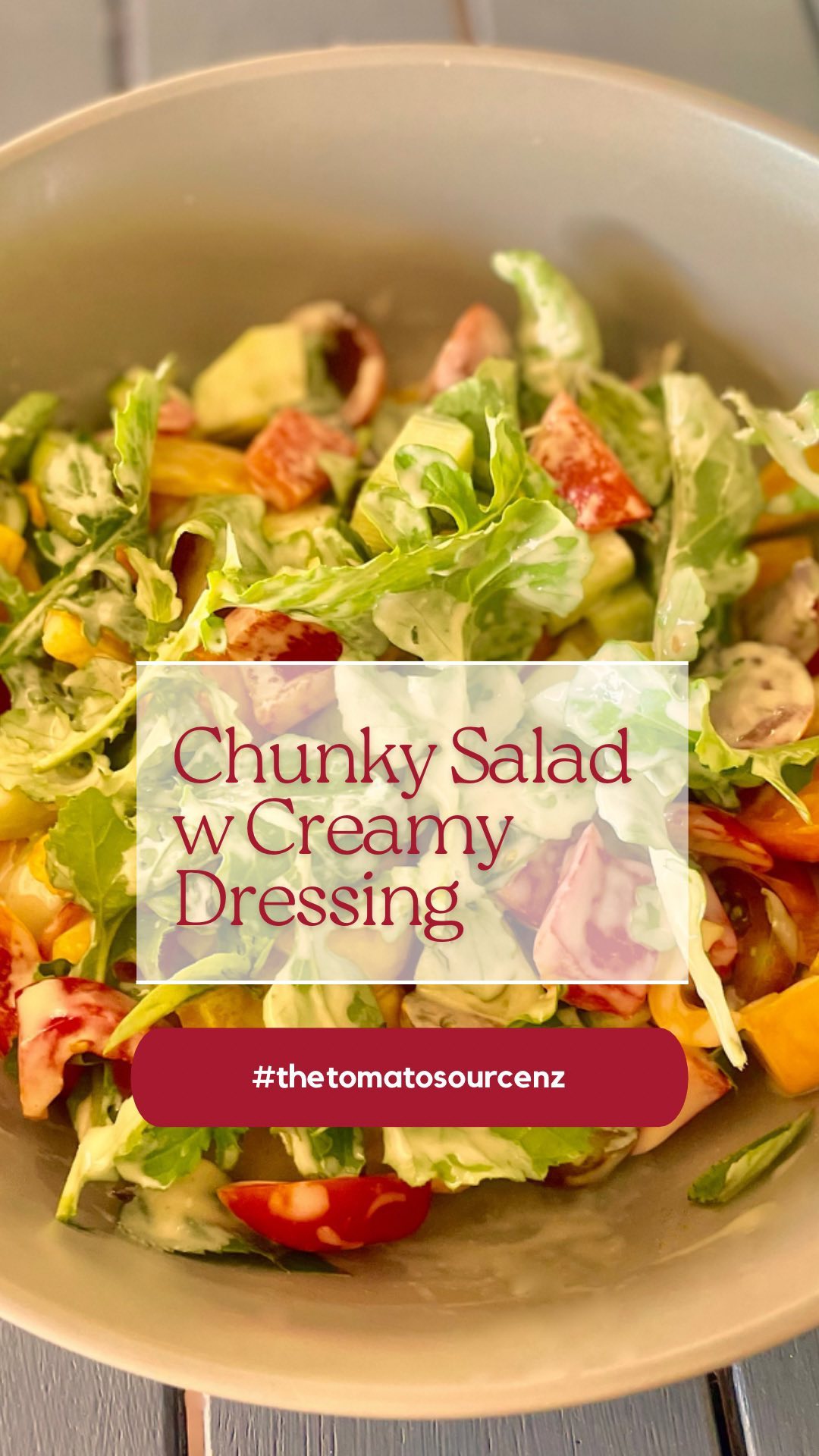 Chop chunks of capsicum, cucumber and halve cherry tomatoes, mix with a handful of greens and drizzle with a creamy dressing…..Caesar or Tahini or Yoghurt or whatever your favourite velvety dressing choice is
.
.
.
.
.
#thetomatosourcenz #tomatoesnz #nztomatoes #saladideas #saladsofinstagram
