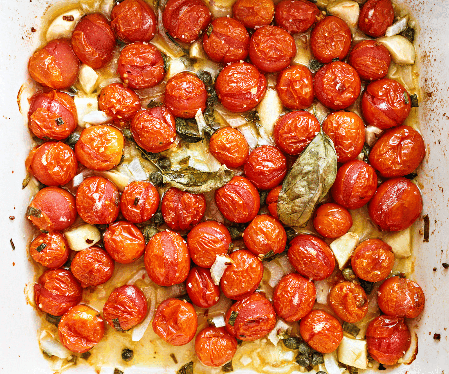 Cherry tomatoes on a tray as they have been roasted